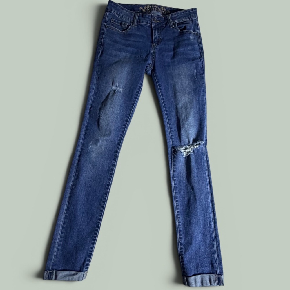 Wax Jean Womens Distressed Skinny Jeans Blue Medium Wash Ripped Knee Size 1